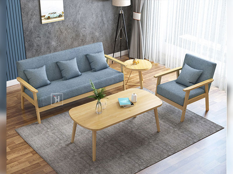 Bộ sofa gỗ gồm văng đơn, văng đôi và bàn trà gỗ tự nhiên
