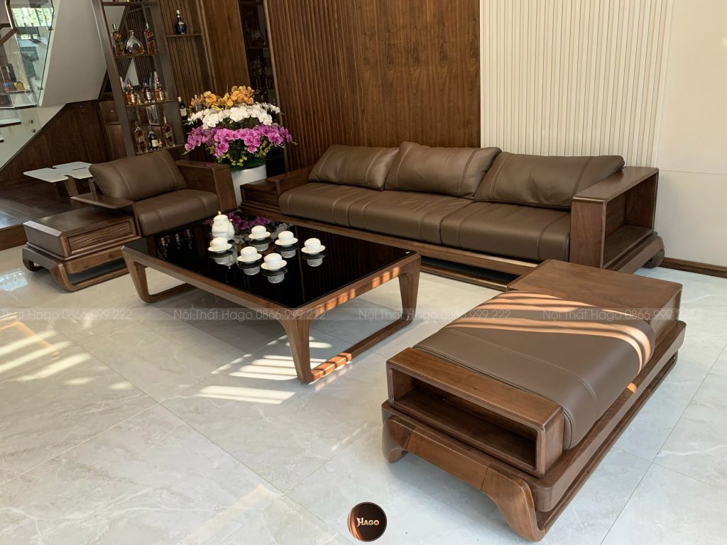 sofa gỗ chữ U hiện đại gỗ óc chó