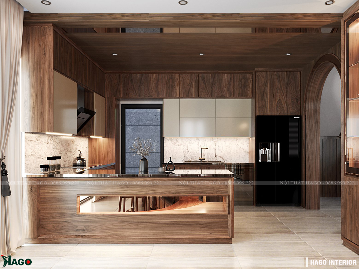 Tủ bếp gỗ tự nhiên cũng phải phù hợp với tổng thế nội thất trong ngôi nhà